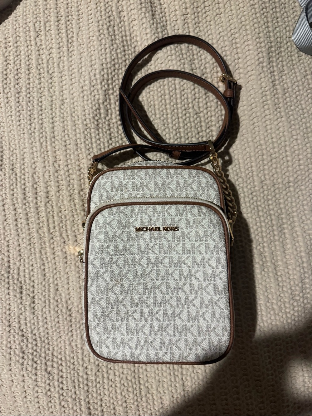 Michael Kors Signature Crossbody in Cream and Brown with Gold Hardware